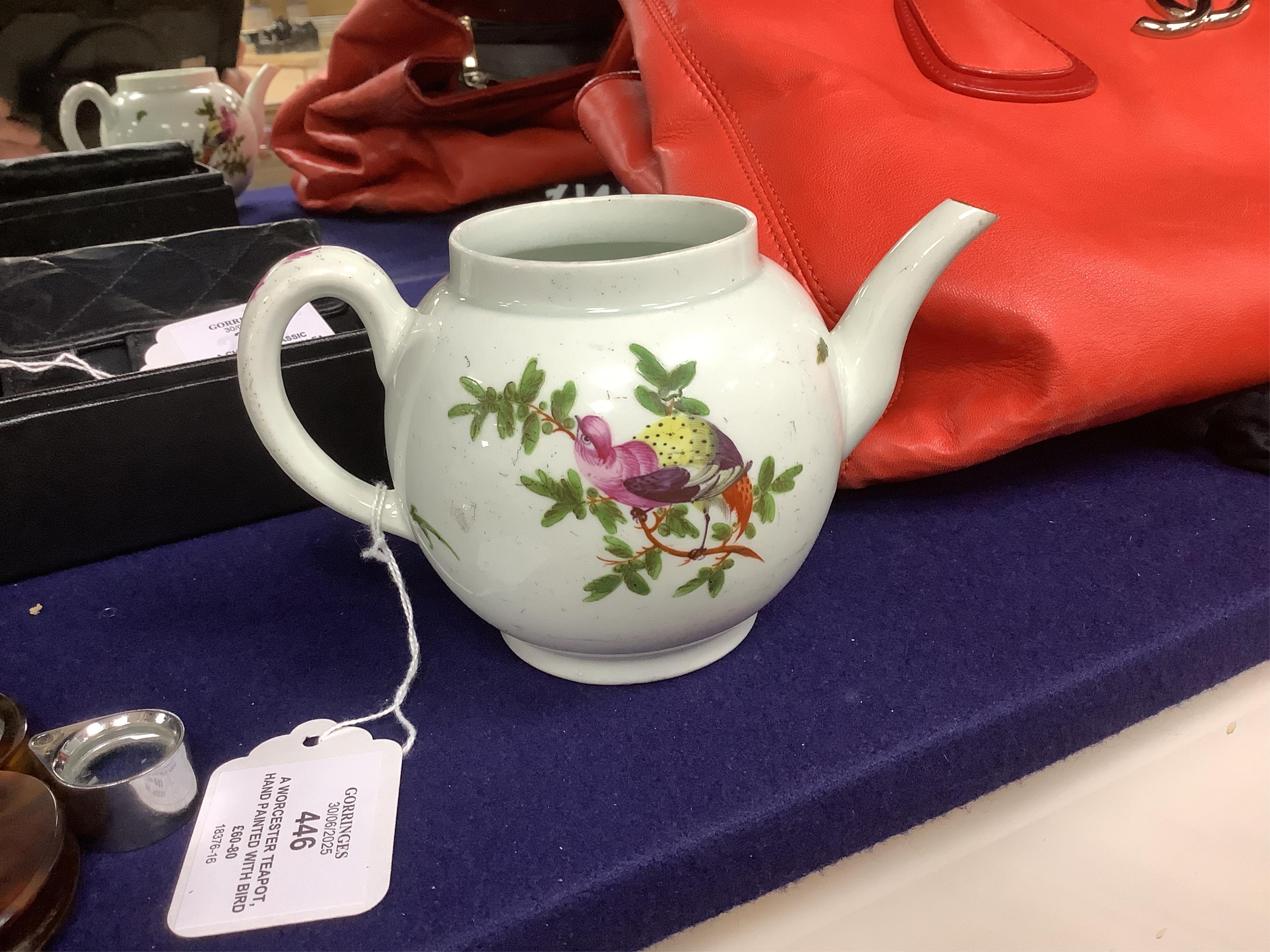 A Worcester teapot, hand painted with birds and foliage, c.1775, 17cm wide